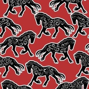 Friesians, Black Horses and Swirls, Red Background