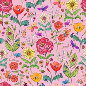 Medium - Garden Buddies - Hand-Painted Bugs and Flowers on Pink Linen Background