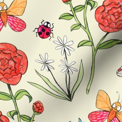 Medium - Garden Buddies - Simpler Flowers and Bugs - Coordinate - Cream Background