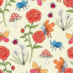 Medium - Garden Buddies - Simpler Flowers and Bugs - Coordinate - Cream Background