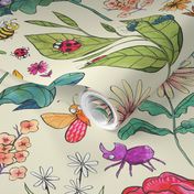 Large - Garden Buddies - Hand-Painted Bugs and Flowers on Cream Background