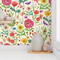 Large - Garden Buddies - Hand-Painted Bugs and Flowers on Cream Background