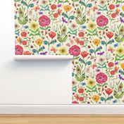 Large - Garden Buddies - Hand-Painted Bugs and Flowers on Cream Background