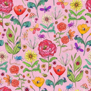 Large - Garden Buddies - Hand-Painted Bugs and Flowers on Pink Linen Background