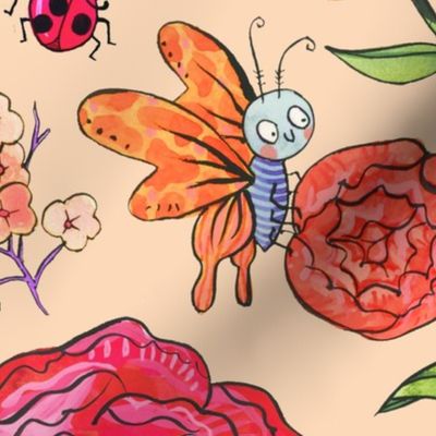 Large - Garden Buddies - Hand-Painted Bugs and Flowers on Peach Background