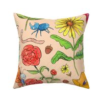 Large - Garden Buddies - Hand-Painted Bugs and Flowers on Peach Background