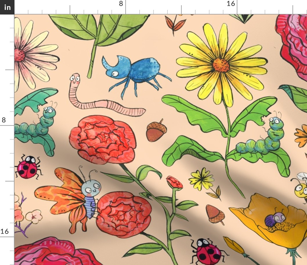 Large - Garden Buddies - Hand-Painted Bugs and Flowers on Peach Background