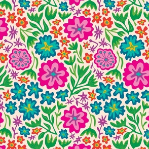 Sayulita 70s Mexican-Inspired Tropical Floral Botanical in Bright Rainbow Colours on Cream - LARGE Scale - UnBlink Studio by Jackie Tahara