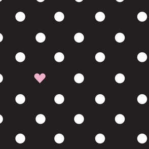 Polka Dots With the Occasional Pink Heart Black and White- Medium Print
