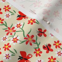 Tiny Butterflies and Blooms Red and Green on Beige