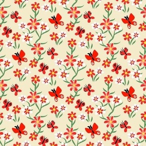 Tiny Butterflies and Blooms Red and Green on Beige