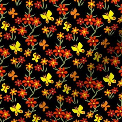 Tiny Butterflies and Blooms Orange and Yellow on Black