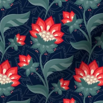 JACOBEAN FLORAL 3-16 red and green