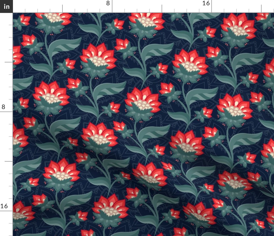 JACOBEAN FLORAL 3-16 red and green