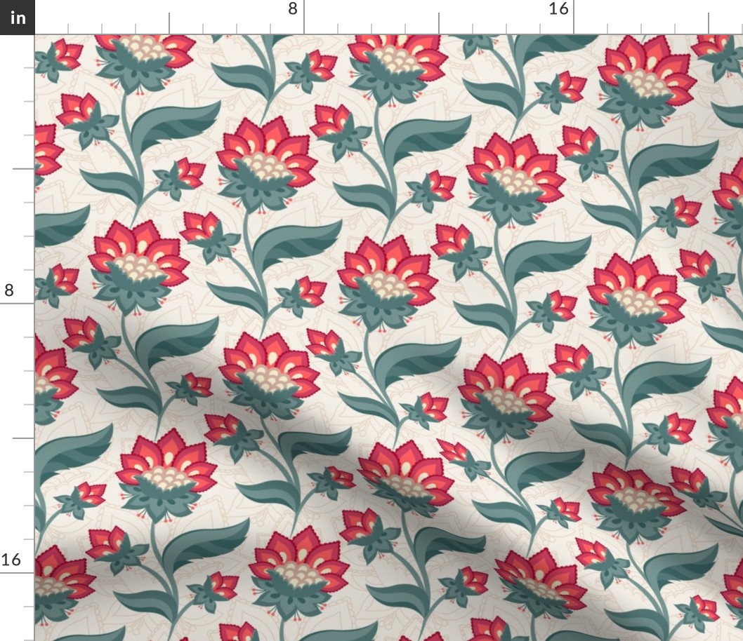 JACOBEAN FLORAL 1-16 red and green