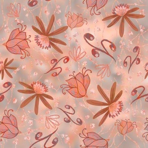 cottage core whimsical flowers and buds on shaded background coral, peach,grey , rust  and white 6” repeat scattered tossed