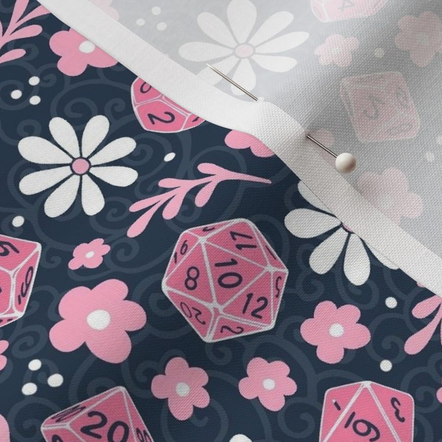 Medium Scale DND Gamer Dice Floral in Pink and Navy