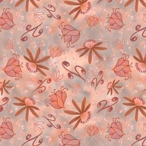 Cabin cottage core whimsical flowers and buds on shaded background coral, peach,grey , rust  and white 6” repeat scattered tossed