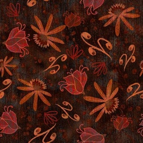 Dark academia tossed scattered whimsical flowers in moody textured velvet effect 12” repeat deep coral. Browns and textured leaves