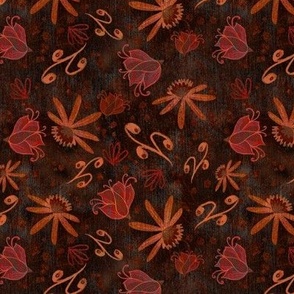 Moody Dark academia tossed scattered whimsical flowers in moody textured velvet effect 6” repeat deep coral. Browns and textured leaves