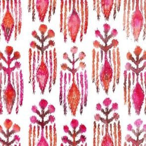 Ikat Pink and Red Watercolor Botanical on White