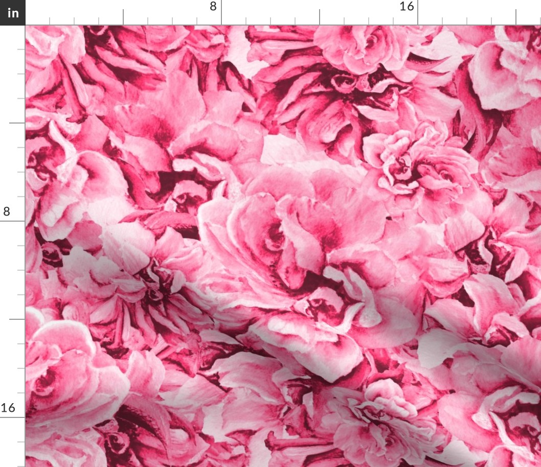 Hand Painted Antique Roses in Pink -  LNTR5 - 21 inch fabric repeat - 12 inch wallpaper repeat