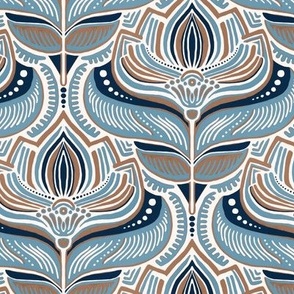 Peaceful Blue and Coffee Brown Art Deco Lotus Damask - medium 