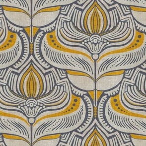 Textured Warm Grey and Gold Art Deco Lotus Damask - medium 