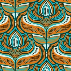 Retro Orange and Teal Art Deco Lotus Damask - medium