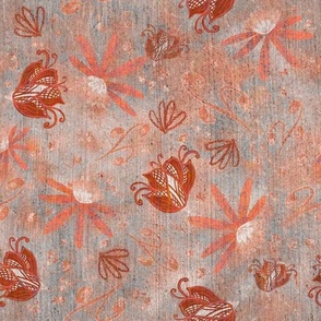 cottage core shabby chic whimsical flowers and buds on shaded and heavily textured and distressed background coral, peach,grey , rust  and white 12”  repeat scattered tossed