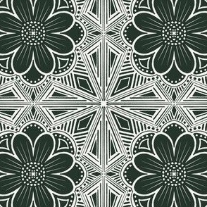 Block print  floral tile - forest green