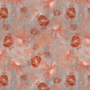 cottage cabin core whimsical flowers and buds on shaded and heavily textured and distressed background coral, peach,grey , rust  and white 6” repeat scattered tossed