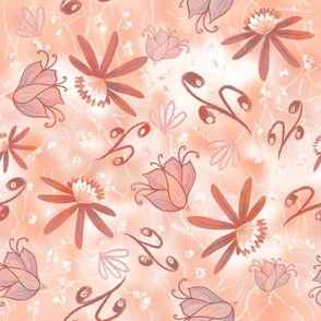 cottage core whimsical flowers and buds on shaded background coral, peach and white 12” repeat scattered tossed