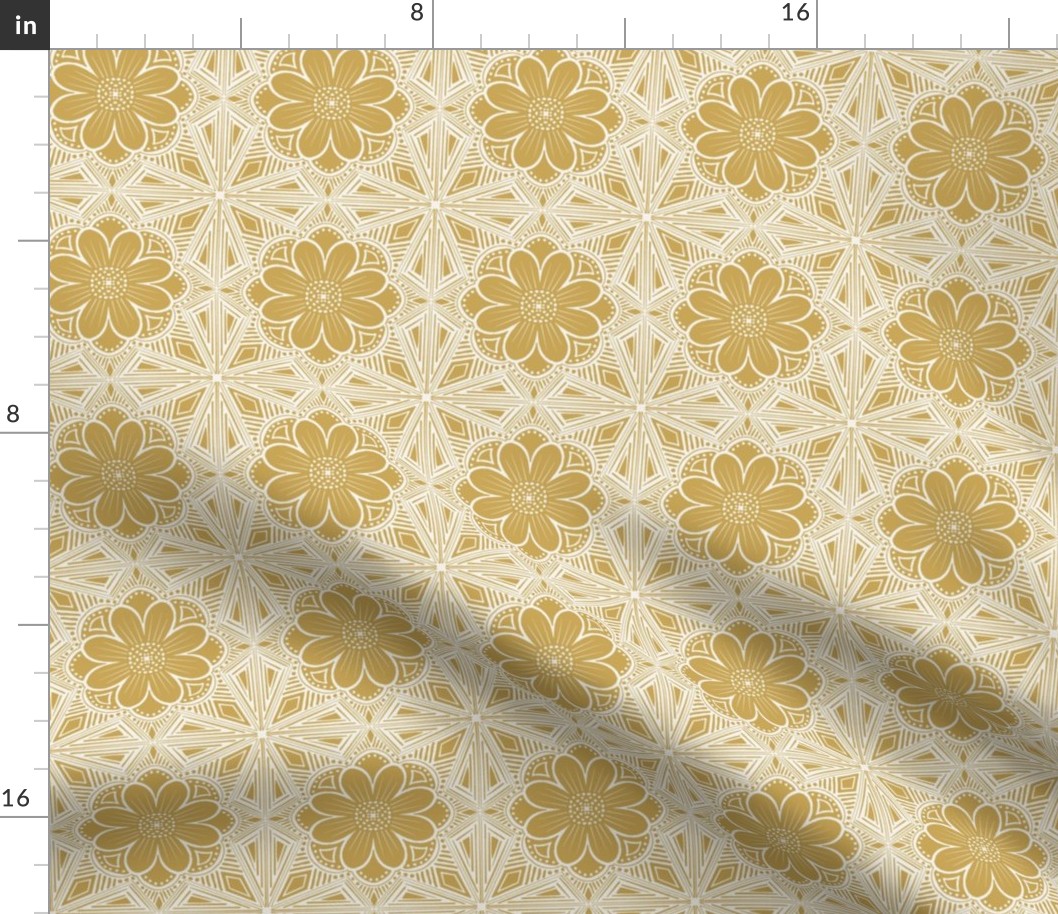 Block print floral tiles - mustard