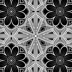 Block print floral tile - Black & white
