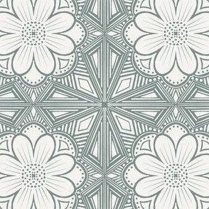 Block print floral tile - White & sage