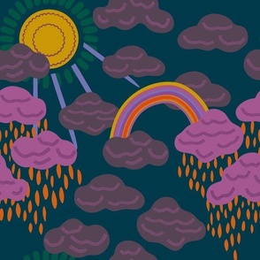Rainbow skies 12" (the world above) - the sun and rain brings a rainbow from behind the clouds in the dark moody weather inspired design.