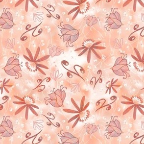 cottage core whimsical flowers and buds on shaded background coral, peach and white 6” repeat scattered tossed