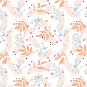 The modernist - leaves spots and abstract shapes and speckles baby blue orange pink blush on white SMALL