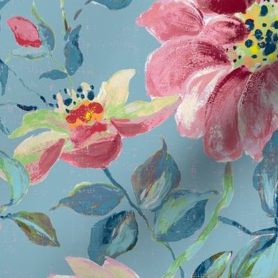 pink wild roses on soft faded denim blue