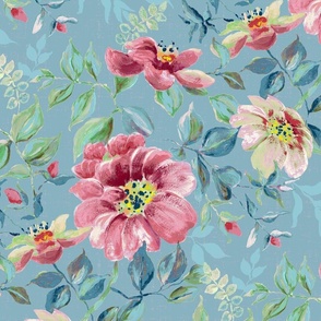 pink wild roses on soft faded denim blue