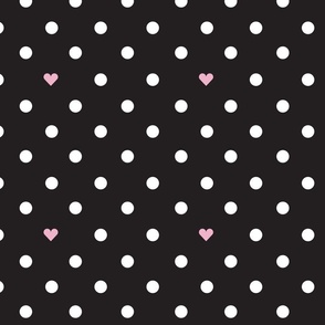 Polka Dots With the Occasional Pink Heart Black and White- Medium Print