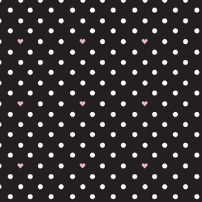 Polka Dots With the Occasional Pink Heart Black and White- Small Print