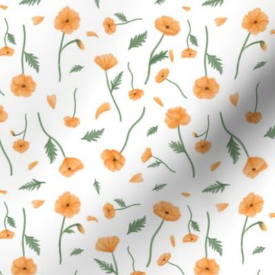 Peach Poppies on White Watercolor Marker Style Floral Pattern Small Scale Print