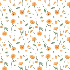 Peach Poppies on White Watercolor Marker Style Floral Pattern Small Scale Print