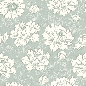 Peony Floral Light Teal Natural White 