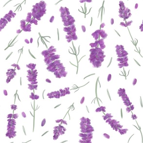 Purple Lavender on White Watercolor Marker Style Floral Pattern Large Scale Print