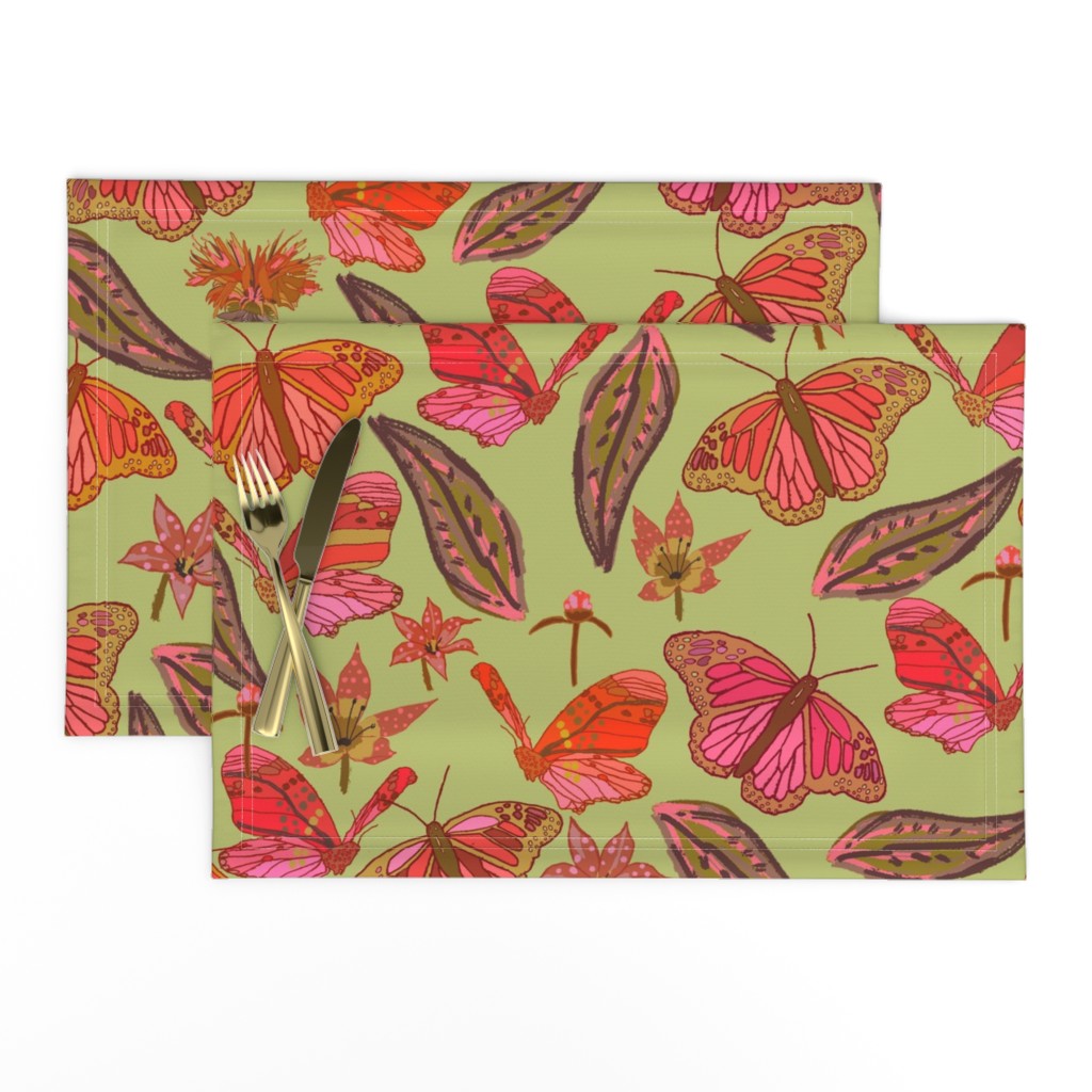 CT2451 Orange Butterflies Pink Floral on Sage Green Background