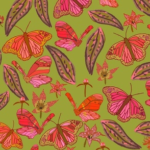 CT2450 Olive Green Floral Pink Butterflies in Flight