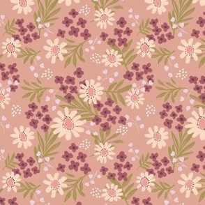 Pale Pink Daisies with Lavender and Mauve Wildflowers on Soft Peach Background for Girls Clothing or Room